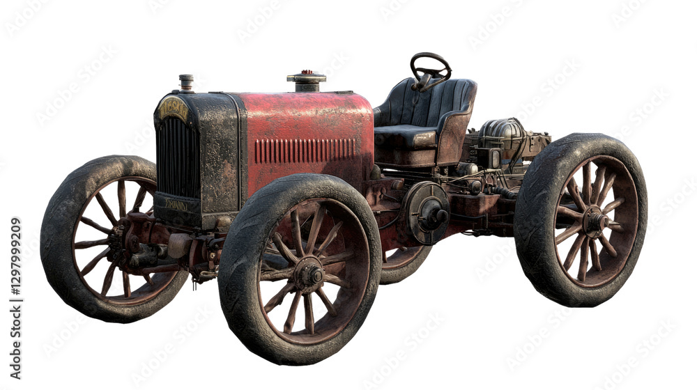 Fototapeta premium Vintage Farm Tractor: A weathered yet majestic antique tractor, a testament to agricultural history, stands proudly, showcasing its intricate details and robust construction.