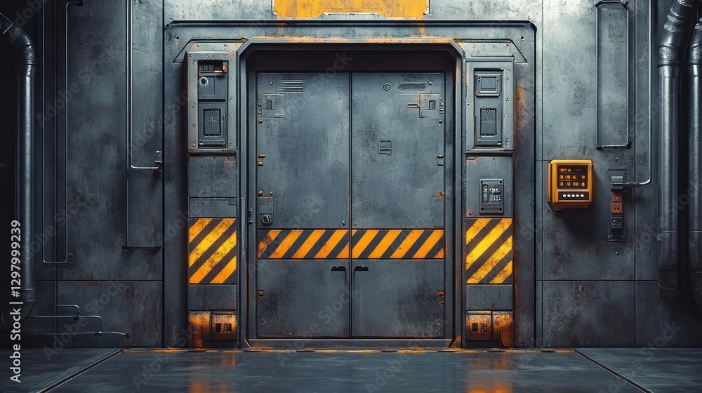 custom made wallpaper toronto digitalFuturistic metallic double door in industrial setting.