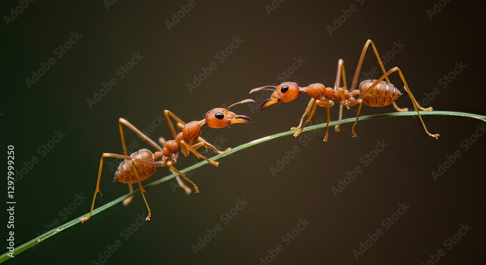 Two Weaver Ants on Blade of Grass Engaging in Communication Two Weaver Ants on Blade of Grass Engaging in Communication