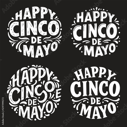 Happy Cinco De Mayo. Set collection hand draw text. Template type for design banner, poster, social media. Vector illustration on Black  Background