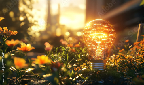 A glowing lightbulb shines amidst flowers, symbolizing the fusion of nature and technology.