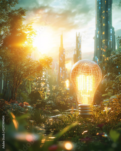 A futuristic lightbulb glows among wild plants, merging smart technology with nature.