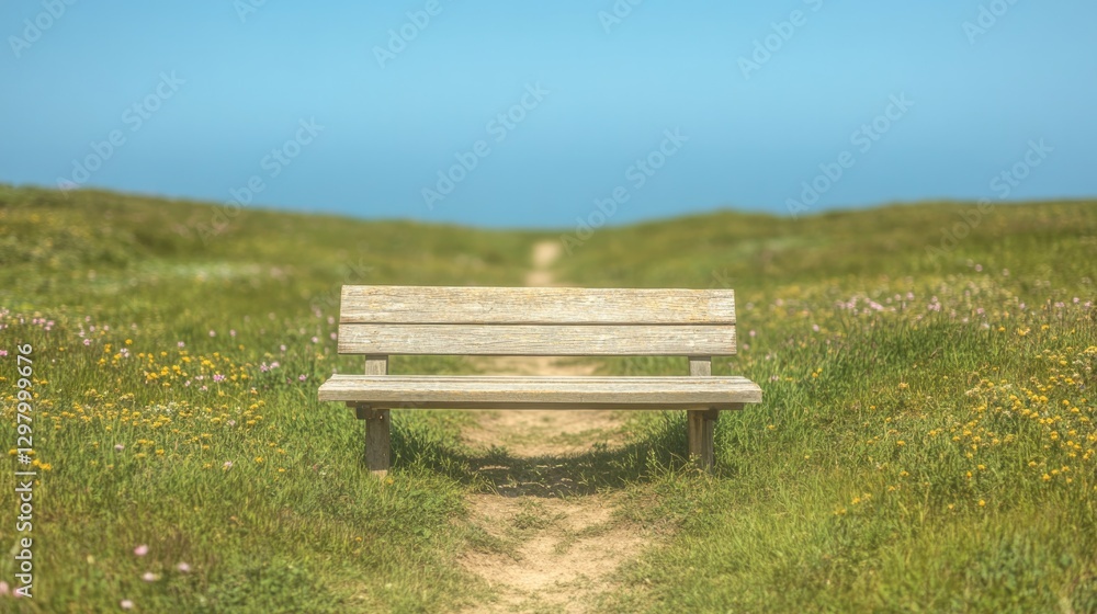 Serene bench on path surrounded by lush greenery and clear blue Serene bench on path surrounded by lush greenery and clear blue