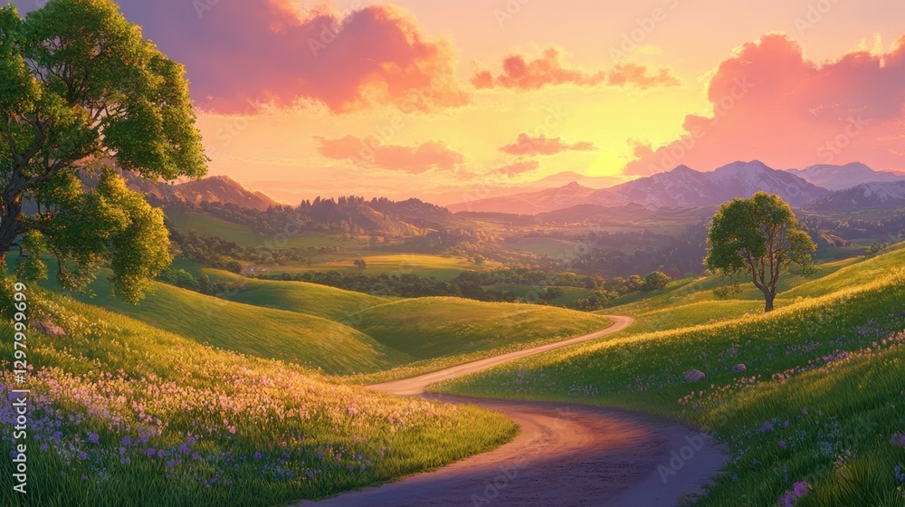 Obraz premium A serene landscape featuring a winding road through lush fields at sunset.