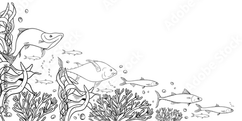 Underwater Fish school line art vector. Hand drawn marine life with sea creatures, coral reef, seaweed and bubbles monochrome. Ocean wildlife black white Illustration. Nautical design, packaging.