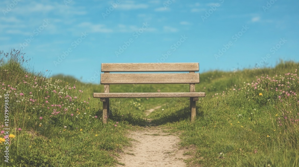 Wooden bench surrounded by lush greenery under clear blue sky in Wooden bench surrounded by lush greenery under clear blue sky in
