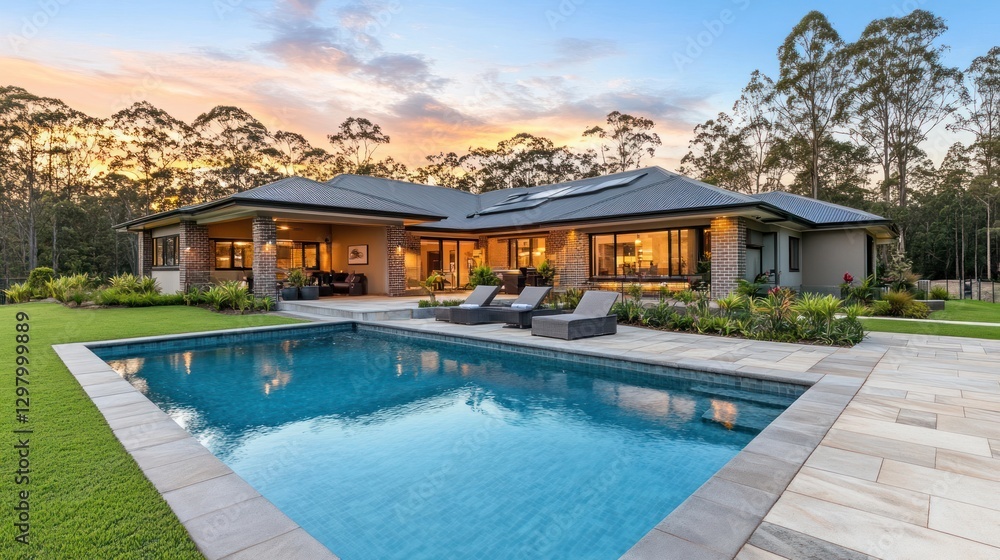 Fototapeta premium Luxury home with pool, sunset view.