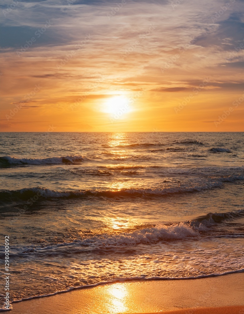 Obraz premium A golden sunset over the ocean, with gentle waves washing onto the shore, creating a peaceful and serene atmosphere.