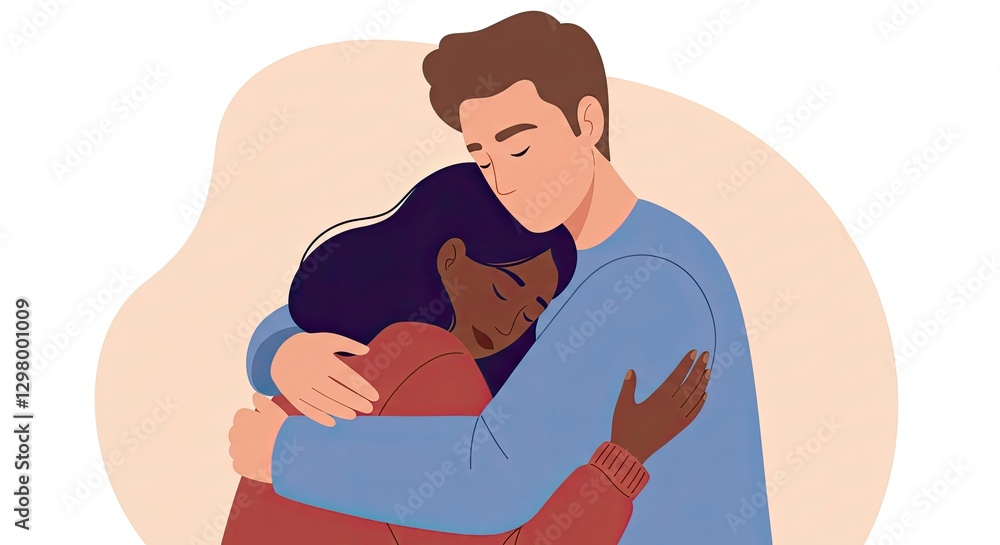 Couple Embracing with Love and Support, Interracial Relationship Illustration Couple Embracing with Love and Support, Interracial Relationship Illustration