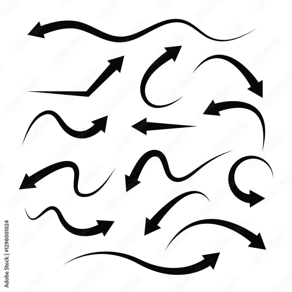 Black arrow set with curve shape. arrow indicated the direction symbol. curved and straight arrow icon vector. black arrow sign Black arrow set with curve shape. arrow indicated the direction symbol. curved and straight arrow icon vector. black arrow sign