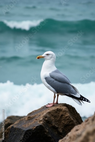 Seagull perched on rocky coastline with crashing waves, ocean, landscape, seagull