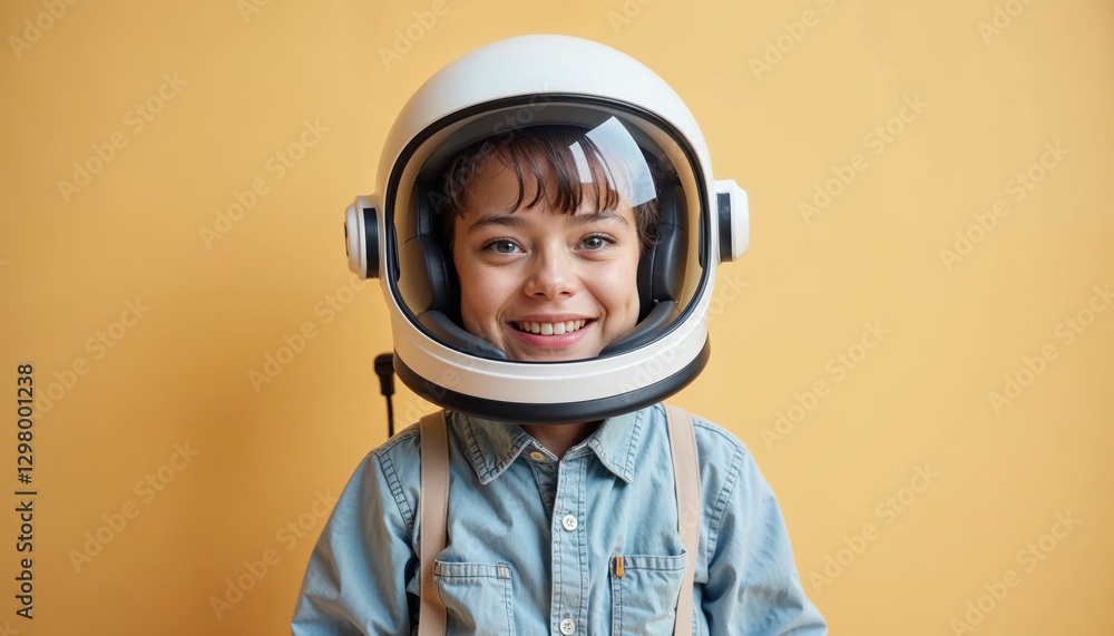 Smiling child wearing astronaut helmet on yellow background Smiling child wearing astronaut helmet on yellow background