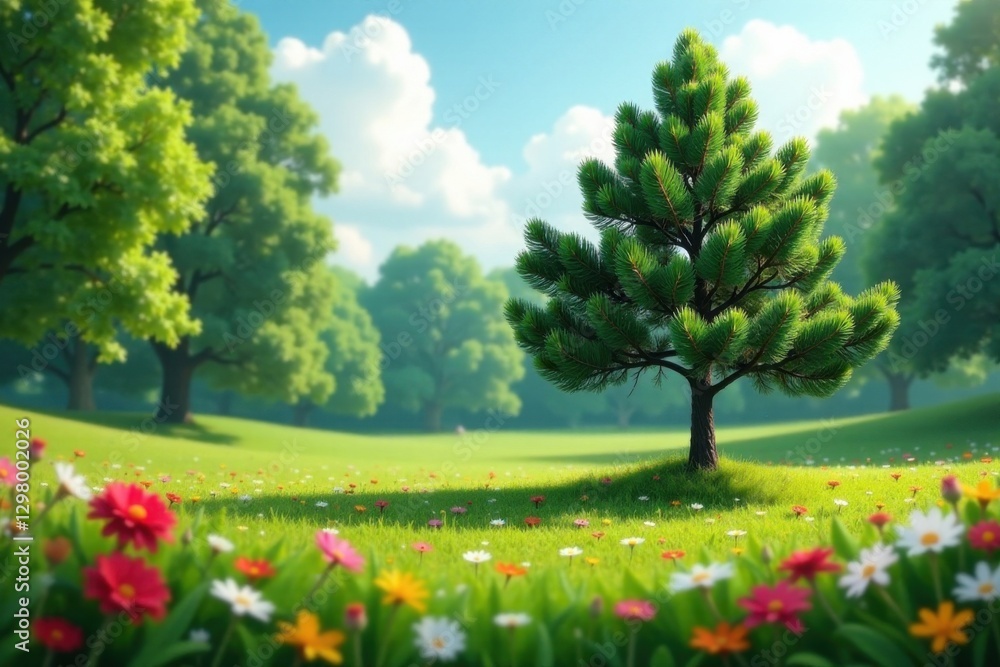 Serene park scene featuring a lone pine tree surrounded by flowers and grass, garden, flowers, grass Serene park scene featuring a lone pine tree surrounded by flowers and grass, garden, flowers, grass