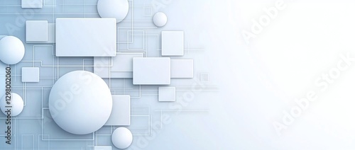 An abstract composition featuring various geometric shapes, including circles and rectangles, set against a soft blue background