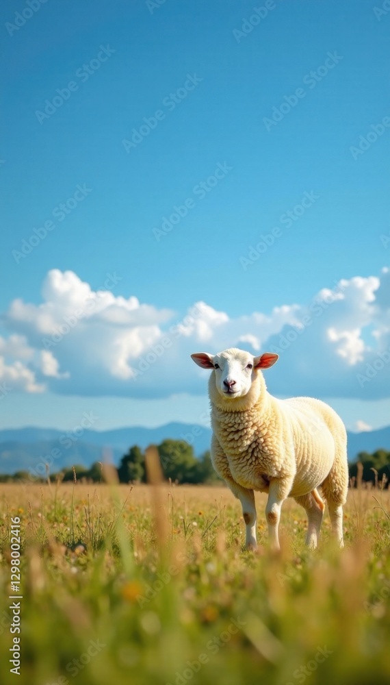 Sheep standing in field under blue sky, open fields, sunny day, countryside Sheep standing in field under blue sky, open fields, sunny day, countryside