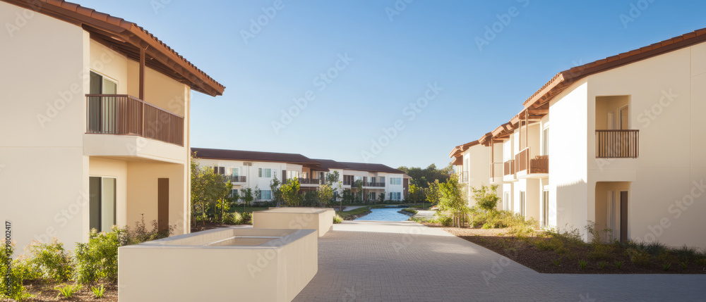 Fototapeta premium Modern residential complex with landscaped gardens and peaceful pathway in bright daylight
