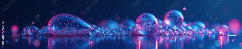 Shiny, iridescent liquid in a bubble form against a dark blue or black background, emitting a subtle glow, glowing effect, abstract illustration, neon-like quality Shiny, iridescent liquid in a bubble form against a dark blue or black background, emitting a subtle glow, glowing effect, abstract illustration, neon-like quality