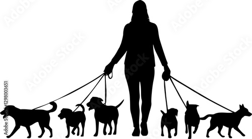 Female dog walker sitter walking with group of pets silhouette vector graphic. EPS 10 version.	
