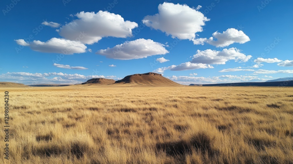 Fototapeta premium Expansive golden grassland under a vibrant blue sky dotted with fluffy clouds, featuring a distant mesa.