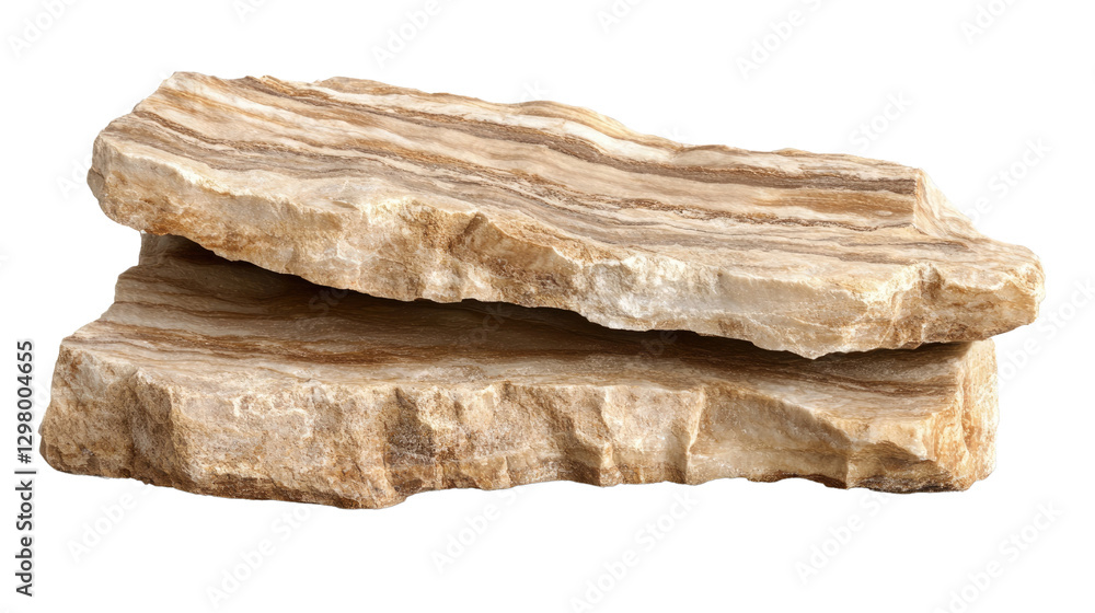 Natural Stone Layers: Two rough-cut, layered natural stone pieces, each showing a unique pattern, texture, and warm earthy tones. Natural Stone Layers: Two rough-cut, layered natural stone pieces, each showing a unique pattern, texture, and warm earthy tones.