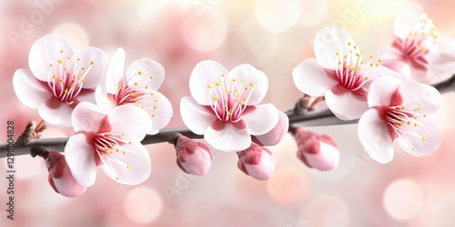 Cherry blossoms blooming in spring with soft pink petals and buds creating a serene atmosphere