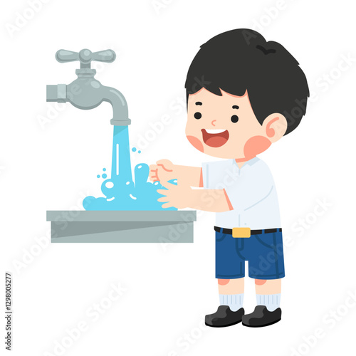 Kid Boy Student washing hands in sink