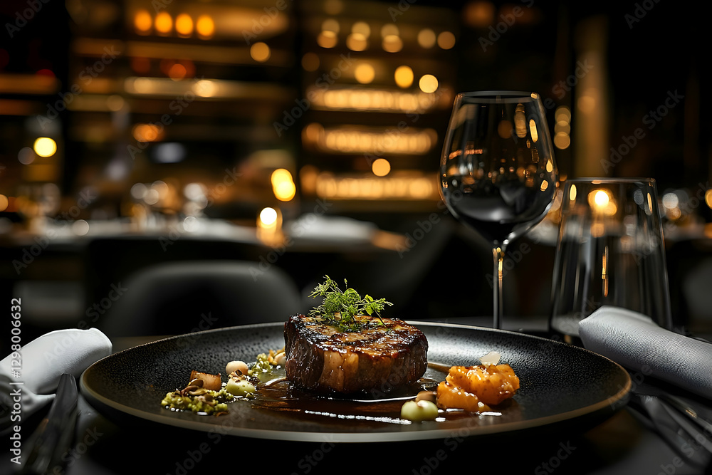 Exquisite Fine Dining, Close-Up of Grilled Steak and Red Wine Pairing Exquisite Fine Dining, Close-Up of Grilled Steak and Red Wine Pairing