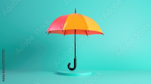 Colorful Umbrella Opens on a Stand, Turquoise Backdrop, Bright Studio Lighting photo