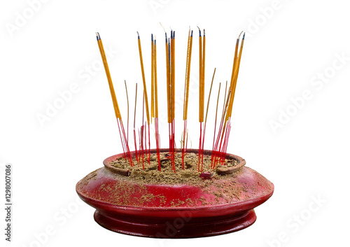 Close-up of incense burning at chinese new year altar isolated on a transparent or white background.