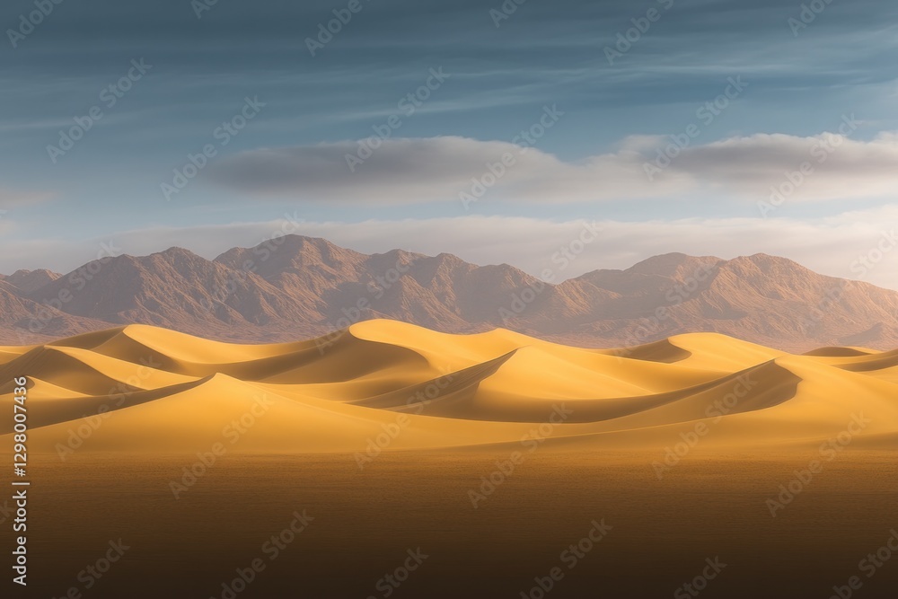 Naklejka premium Vast desert landscape with rolling golden dunes beneath serene s