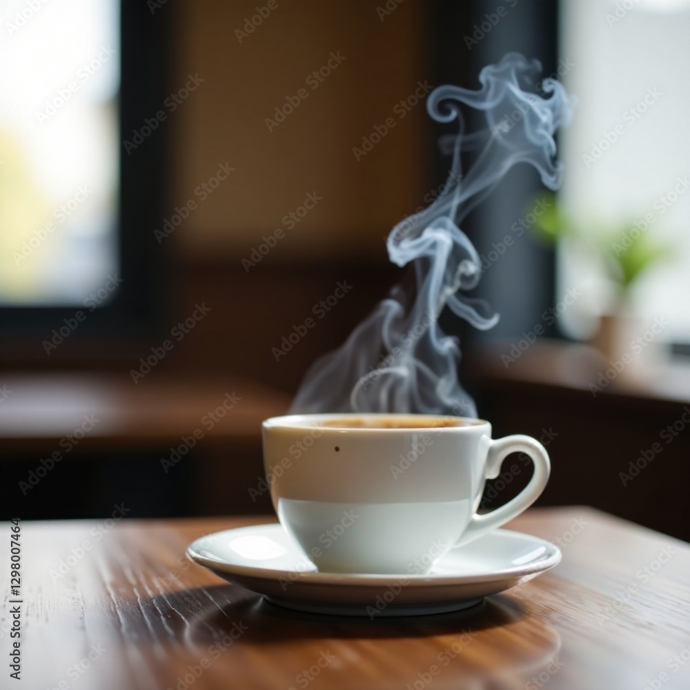 Smoke rises from a coffee cup on a wooden table, warmth, tabletop, cup Smoke rises from a coffee cup on a wooden table, warmth, tabletop, cup