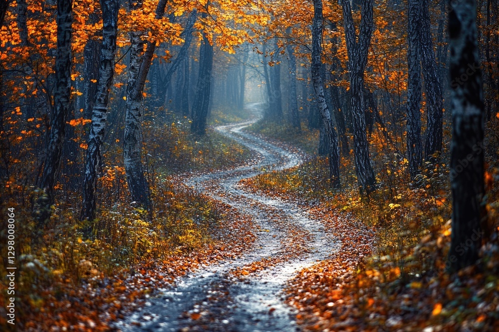 Obraz premium Winding path through foggy forest adorned with vibrant autumn fo