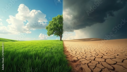 Landscape split in two halves. One side with green grass, tree under blue sky. Other side with dry cracked desert land under dramatic storm clouds. Concept of climate change impact. photo