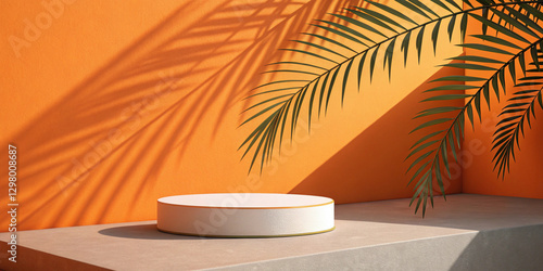 Minimalist orange background with a white podium and palm shadows – a trendy mockup scene for product display, branding, or cosmetic marketing.