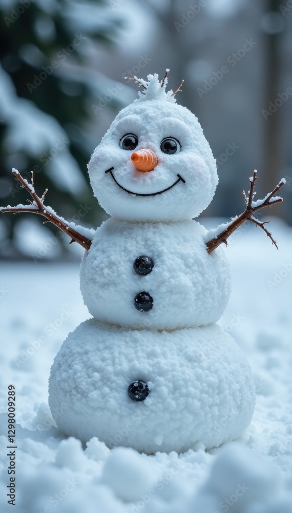 Snowman made of snow with carrot nose and coal eyes, snow, decoration, winter Snowman made of snow with carrot nose and coal eyes, snow, decoration, winter