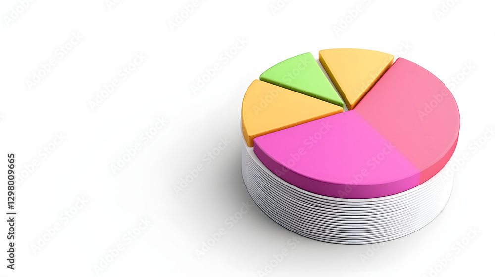 Obraz premium Colorful 3D pie chart with various segments in pink, yellow, and green, representing data distribution on white background. chart is elevated, giving modern and dynamic look
