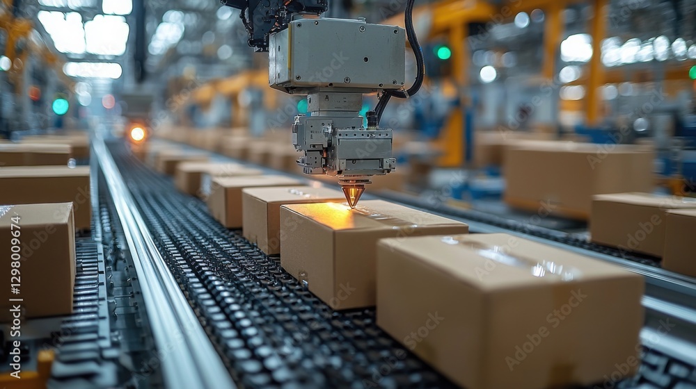 A high-tech robotic system in a factory setting efficiently labels brown cardboard boxes on a conveyor belt. Bright lights illuminate the scene. A high-tech robotic system in a factory setting efficiently labels brown cardboard boxes on a conveyor belt. Bright lights illuminate the scene.