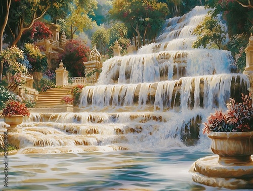 Waterfall Garden Scene, Lush Landscape, Artistic photo