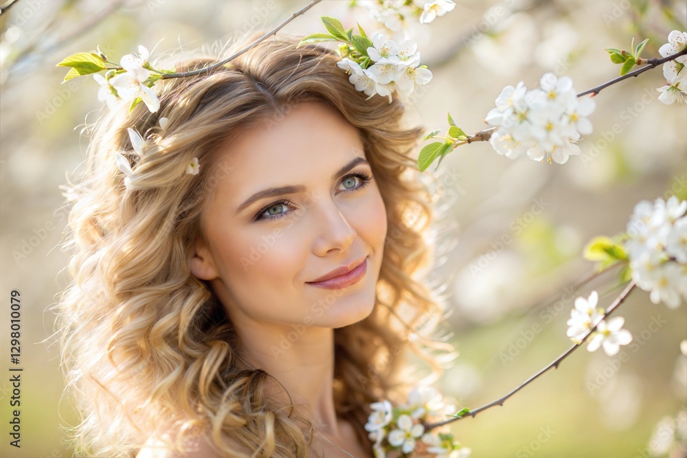 Radiant Woman With Wavy Hair Enjoying a Blossoming Floral Setting in Springtime Radiant Woman With Wavy Hair Enjoying a Blossoming Floral Setting in Springtime