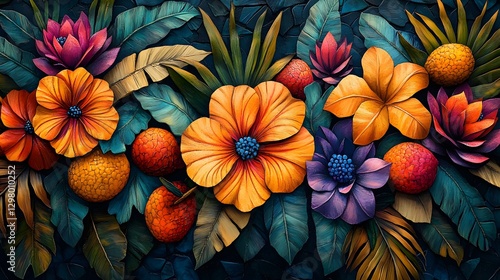 Wallpaper Mural Striking Art Deco Artwork Featuring Tropical Flora and Fruity Beauties in a Colorful and Botanical Dreamscape Torontodigital.ca