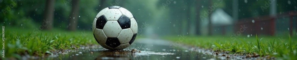 Naklejka premium Soccer ball defying gravity on a rainy day background, stadium, grunge, sport