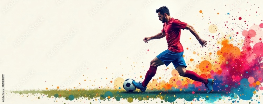 Soccer player executes precise short pass amidst vibrant watercolor splatter, dribbling skill, fast movement, sporty style Soccer player executes precise short pass amidst vibrant watercolor splatter, dribbling skill, fast movement, sporty style