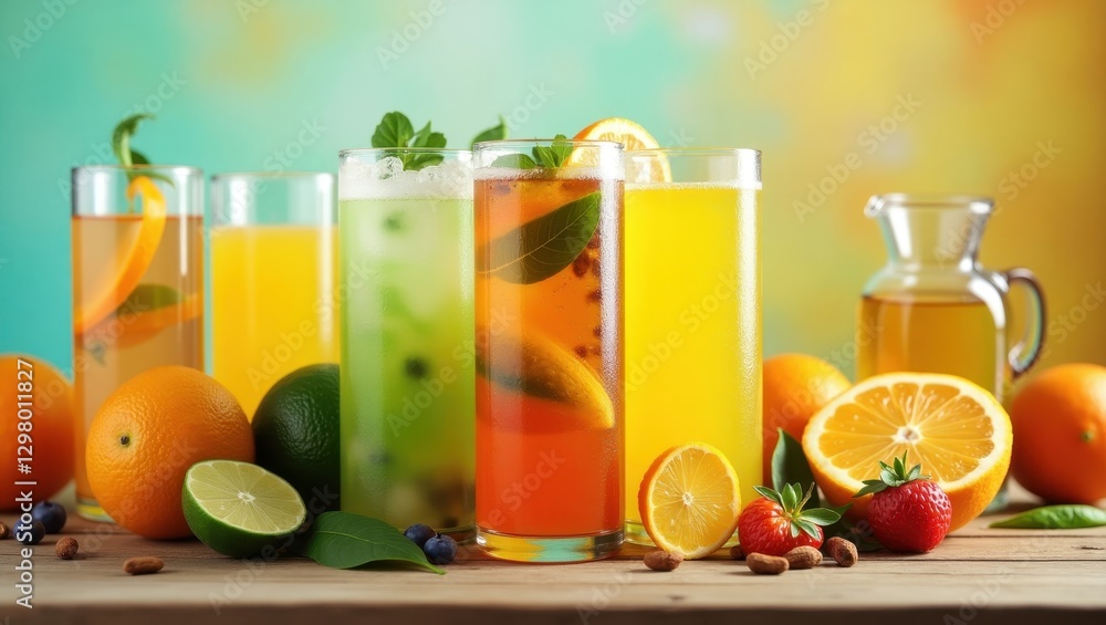 Healthy Energy Drink. Drinks are lined up on table with oranges, strawberries, and mint Healthy Energy Drink. Drinks are lined up on table with oranges, strawberries, and mint