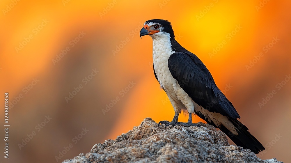 Obraz premium Bold Crested Caracara standing proudly on a desert rock its sharp beak and striking black and white plumage illuminated by the fiery orange hues of the setting sun