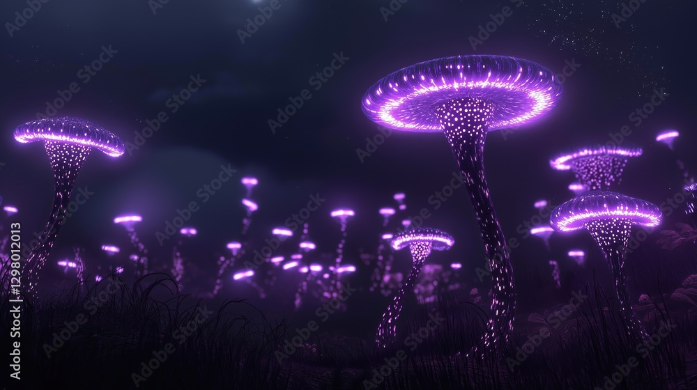 Digital illustration of a group of purple jellyfish floating in a dark night sky. the jellyfish are tall and slender, with a round body and a pointed top. Digital illustration of a group of purple jellyfish floating in a dark night sky. the jellyfish are tall and slender, with a round body and a pointed top.