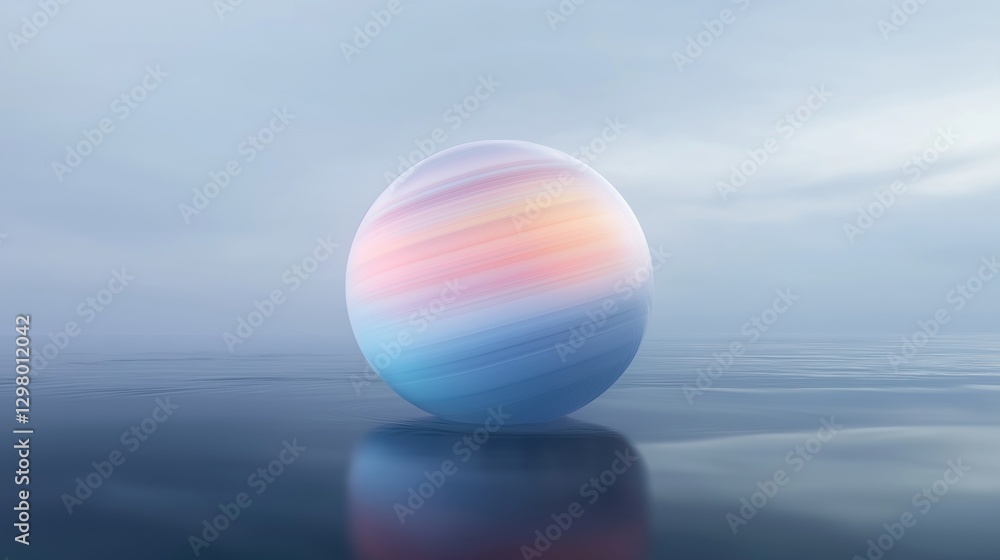 Digital illustration of a spherical object floating on the surface of a body of water. the object appears to be made of a transparent material, with a gradient of colors - pink, orange, and blue. Digital illustration of a spherical object floating on the surface of a body of water. the object appears to be made of a transparent material, with a gradient of colors - pink, orange, and blue.