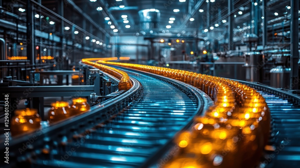 A conveyor belt carrying glass bottles in a factory setting. The scene is illuminated with numerous bright lights, showcasing the industrial environment. A conveyor belt carrying glass bottles in a factory setting. The scene is illuminated with numerous bright lights, showcasing the industrial environment.
