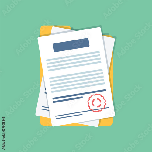 Document, folder with stamp and text icon in flat style. White papers vector illustration on isolated background. Confirmed or approved document sign business concept.