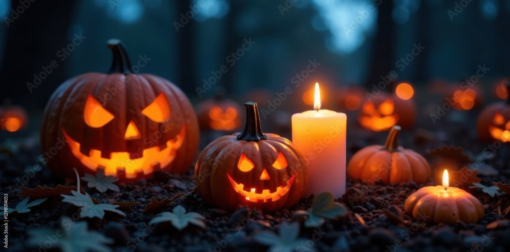 custom made wallpaper toronto digitalSpooky candles lit on a dark pumpkin patch at night, autumn night, Halloween, atmosphere