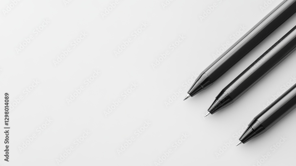 Three Sleek Black Pens with Fine Tips Lined Up on a Minimalist White Background for Creative Projects Three Sleek Black Pens with Fine Tips Lined Up on a Minimalist White Background for Creative Projects